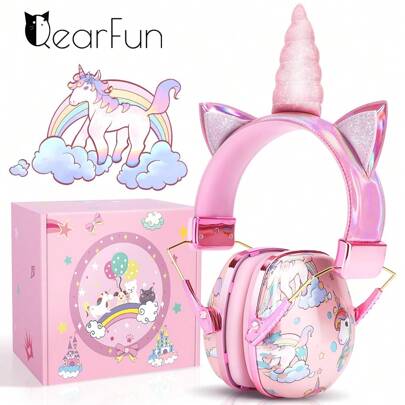 Qearfun 1 件粉色独角兽头带隔音耳罩，可爱防护耳罩，防噪音耳塞，保护耳朵，帮助集中精力学习隔音耳罩（注意本产品是耳罩，不是耳机！）[粉色独角兽耳罩和绿色恐龙耳罩可选]