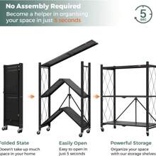 OYAJIA 3-Tier Foldable Metal Storage Rack With Wheels: Versatile Shelving Unit For Kitchen, Living Room, & Garage - Black - View 5