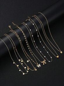 7 件套时尚优雅人造珍珠水晶心形蝴蝶星形圆盘吊坠多层项链，适合女士，节日、派对、约会、周年纪念、日常佩戴的理想礼物，高性价比珠宝，快速发货 - 金黃色 - 查看 2