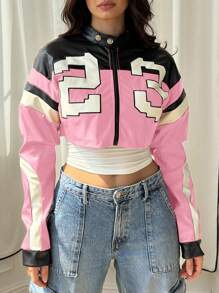 Leather Jacket Cropped Jacket Motorcycle Jacket Y2K Letter Bomber Jacket Women Faux Leather Jacket Streetwear - 粉色 - 查看 3