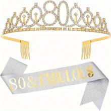 2 Pcs Wonderful Birthday Party Bag - Metal Rhinestone Headpiece And Silver Belt Ribbon Set, Suitable For Women Aged 30, 40, 50, 60, 70, 80 Celebrations - General Occasions - Bridal Showers, Weddings, Anniversary Decorations - No Electricity Required - Suitable For Women Aged 18+ - Gold - View 18