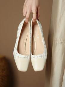 Xin Jing Shoes Square Toe Chunky Heeled Court Pumps - Apricot - View 8