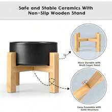 Ceramic Dog Food And Water Bowl Set 2 Pack Raised Dog Bowls Anti-Slip Wooden Stand Elevated Dog Feeding Bowls For Large Breeds(Black,60OZ*2)