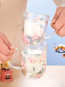 Tasse en verre avec poignée et fleurs séchées, Mug à café avec poignée, Tasse à thé au lait avec poignée, Verre à eau, Un choix de cadeau idéal ! Retour à l'école