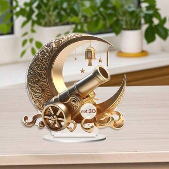 1 件 2D 亚克力新月和大炮形状桌面装饰。它是开斋节的装饰品，适合伊斯兰节日和斋月装饰。它适合用作家居装饰和房间装饰。它也可以放置在办公室、餐厅和咖啡馆等场景中作为桌面艺术装饰。它是送给家人和朋友的合适节日礼物。