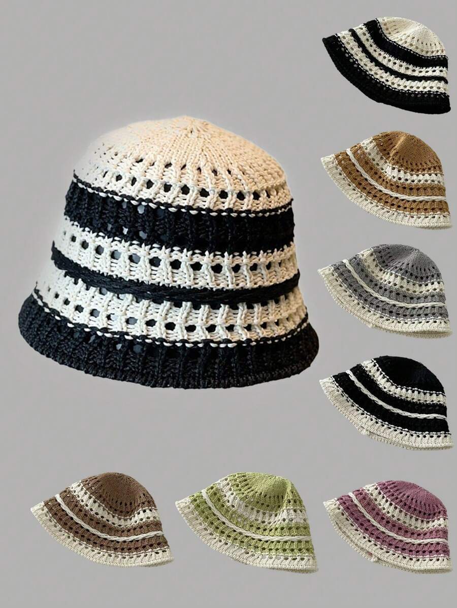 1pc Women's Breathable Bucket Hat, Hollow Striped Sun Protection Hat For Spring/Summer, Suitable For Outdoor Activities, Leisure, And Fashion - Multicolor - View 1