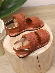 1 Pair Plus Size Brown Toddler/Little Girls Flat Sandals, Knitted Fabric Dual Strap Hook And Loop Back Heel Design Open Toe Fashion Luxury Cute Roman Style Sandals, Suitable For 3-16 Years Old Students For Casual, Holiday, Travel Wear, Spring/Summer 2025
