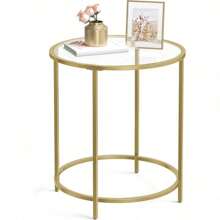 Round Side Table, Glass End Table With Metal Frame, Gold Coffee Table With Modern Style, For Living Room, Balcony, Bedroom, Gold Color