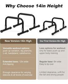 Push Up Bar, 14'' High Steel Parallettes & Dip Bar With Full Coverage Foam Handle, Heavy-Duty Calisthenics Parallel Bars For L-Sit, Dips, Home Gym Strength Training Workout - Black - View 3