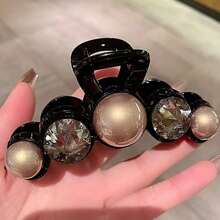 1pc New Pearl Crystal Rhinestone Hair Claw, Oversized Shiny Hair Claw Clips - Black - View 8