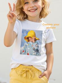 Spring/Summer Custom Printed Girls Toddler T-Shirt, Personalize With Your Child's Photo/Group Photo/Pets/Scenery Photo/Your Design/Logo/Blessing Text, Custom Team Apparel/Outdoor Wear/Class Uniform, Round Neck Short Sleeve Girl Tee, Holiday & Birthday Gift