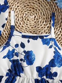 2pcs Baby Girl Casual Floral Print Dress + Hat Set, Summer - Blue - View 3