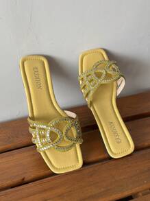 女士闪亮水钻镂空拖鞋，夏季时尚一脚蹬平底凉鞋