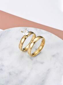 2 件/1 套 18K 镀金不锈钢创意爱心设计情侣戒指，不褪色小众珠宝，适合节日送礼和日常佩戴 - 金色 - 查看 16