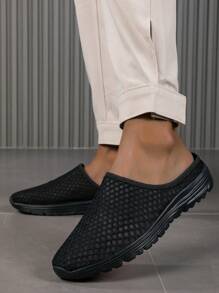 男女通用网眼一脚蹬运动凉鞋，一脚蹬拖鞋透气休闲平底户外凉鞋，夏季 - 黑色 - 查看 1