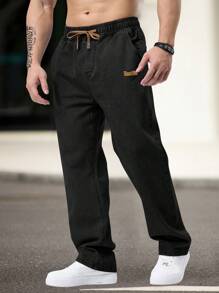 加大码男士简约纯色宽松直筒弹力抽绳腰牛仔裤，做旧风格 - 黑色 - 查看 3