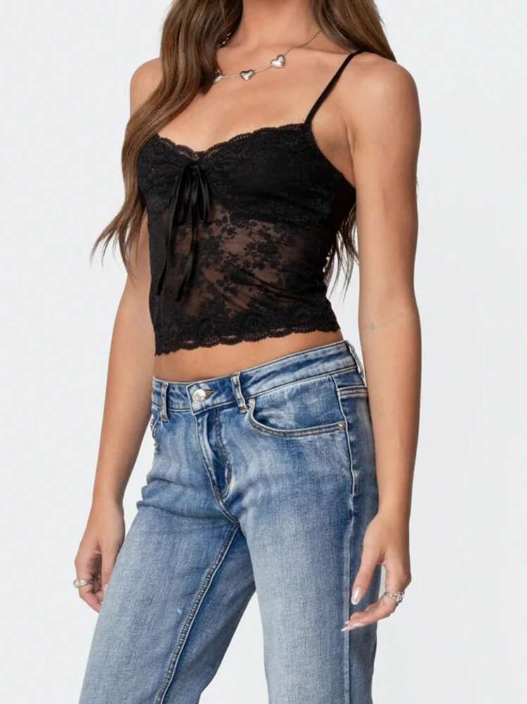 Women's Lace Cami Tops Sleeveless Spaghetti Strap Tie-Up Front Floral Cropped Camisole Shirts - màu đen - Xem 4