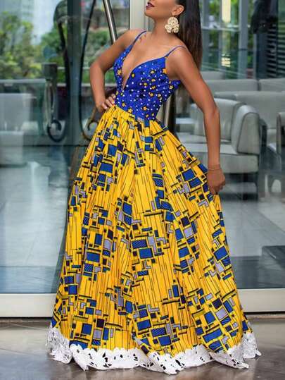 Leisure Holiday Style Stars Polka Dot Print Knit Suspenders Mosaic Square Bottom A Lace Patchwork Dress