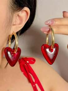 1 Pair Vintage Bold Red Heart Hoop Earrings, Fashionable & Minimalist Design, Versatile Accessory Suitable For Daily Or Party Wear, Perfect For Women & Valentine's Day
