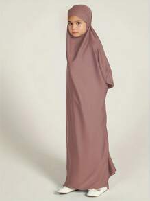 Muslim Tween Girl Girls Abaya Solid Long Kaftan Abaya Enfant Robe Dress Tween Girl Clothes For Gift(Non-Removable Turban) - Pink - View 3