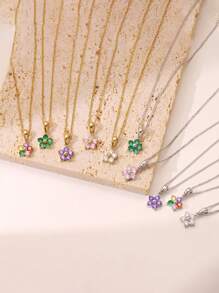 1pc 18K Gold Plated Stainless Steel Cubic Zirconia Flower Necklace, Suitable For Couples Everyday Wear