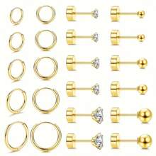 11pcs Gold Tone Ring & Earring Set - Multi-Hole Small Earrings, Surgical Steel Flat Back Earrings, Wood Stud Earrings, Unisex Cubic Zirconia Ball Earrings