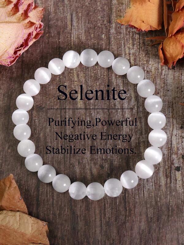 Pulseira de Selenita com Contas de 8mm - Purificação, Cura, Energia Negativa, Calmante e Clareza, Proteção Yoga Joias Presentes para Mulheres
