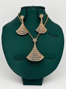 2 件时尚优雅扇形设计合金微镶嵌 3A 方晶锆石项链和耳环首饰套装，适合女性日常、晚会、婚纱配饰、约会、礼物 - 金色 - 查看 10