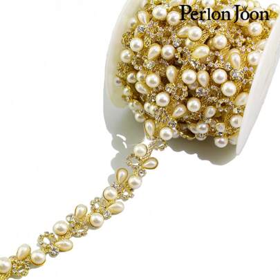 Perlon Joon 1 Yard White Pearl Rhinestone Trim Ribbon Crystal Silver Pearl Flat Chain Bridal Wedding Dress Decoration Accessories