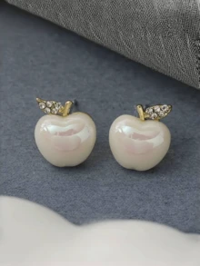 A Pair Of Cute Gold - Plated Rhinestone - Decorated Apple - Shaped Pearl Stud Earrings For Women Daily Wear