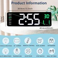 Reloj de pared digital grande de 16 pulgadas con indicación de hora, fecha, temperatura y semana, temporizador, formato de 12/24 horas, atenuación automática, reloj de pared LED con control remoto para sala de estar, aula, gimnasio, iglesia, tienda, garaje (sin adaptador), decoración de habitación, decoración de pared del dormitorio, decoración del dormitorio, vuelta al colegio, decoración escolar