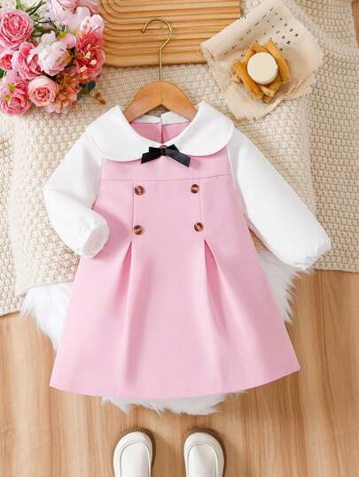 Baby Girls Bow Collar Long Sleeve Fitted Dress