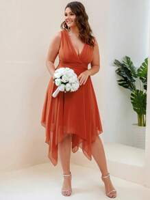 EVERPRETTY Plus Sleeveless Asymmetric Hem Bridesmaid Dresses Formal Dresses For Wedding - Burnt Orange - View 4