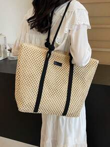 Fashionable Color-Blocking Straw Tote Bag, Versatile With Elegant Shoulder Straps. Summer & Beach Essentials, Large Capacity, Portable For Women, Teen Girls, College Students, Office Workers. Perfect For Work, School, Vacation, Beach