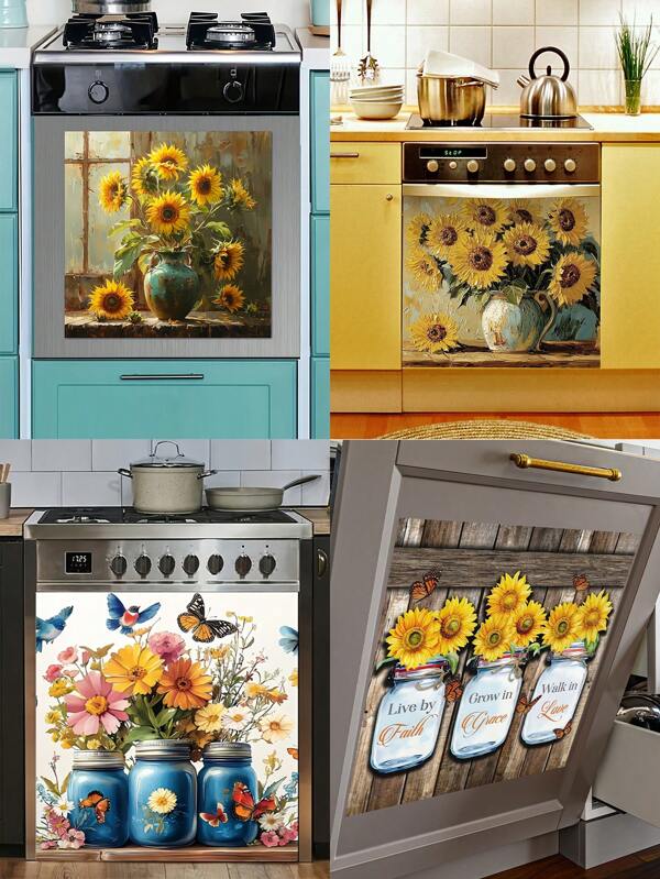 1pc Home Decorations Oil Painting Sunflower Kitchen Sticker Dishwasher Cover For Front Door,Dishwasher Covers Stickers Decorative For Bedroom, Living Room, And Entryway Decor Home Decorations, Vinyl Decal For Home Decorations, Kitchen Decoration Items Refresh Your Home Kitchen Accessories Kitchen Items Wall Paper Wallpaper Wall Decor Wall Stickers Wall Sticker