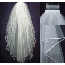 White Ivory 2 Layers Wedding Bridal Veil Elbow Length With Comb 2025 - Red and White - View 8