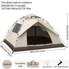 Automatic Quick-Opening Tent Outdoor Self-Driving Travel Camping Tent Automatic Quick-Open Tent Rainproof Sunshine-Proof Tent Fishing Beach Sunshine Shelter 2-3/3-4 Person Portable Fishing Hiking - Màu be - Xem 10