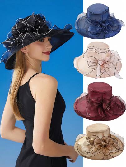 1pc Women's Vintage Folding Mesh Flower Sun Hat, Large Brim Black Edge, Fashion Elegant Versatile For Summer Outdoor, Shopping