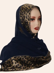 1pc Women Hijab Fashion Sequin Patchwork Leopard Print Scarf, Decorated With -Style Rhinestones, High-End Long Shawl, Suitable For Abaya