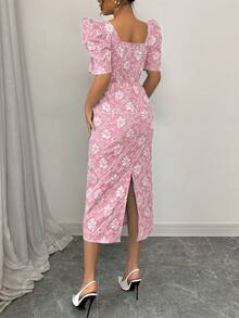 Spring/Summer Puff Sleeve Pearl Decor Button Long Jacquard Texture Dress, Elegant Lady Style, Pink, Suitable For Daily, Date, Wedding - Pink - View 2