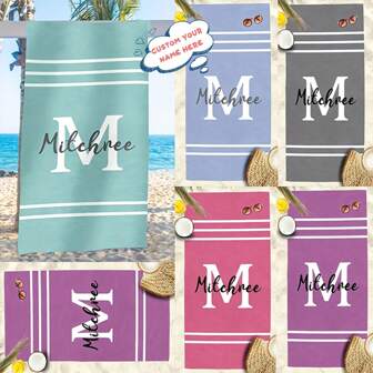 Asciugamano da spiaggia in microfibra personalizzabile con stampa a righe e lettera, ad asciugatura rapida, anti-sabbia, ultra morbido e assorbente - disponibile in più colori, per nuoto, temi creativi, regalo per amici e familiari, adatto come regalo per la festa della mamma, multifunzionale, anti-muffa, ornamentale, riutilizzabile, raffinato, elegante, di alta qualità, colorato, moderno, morbido, confortevole, personalizzato, unico, idea regalo ideale per lui, idea regalo ideale per lei, ragazzo, papà, ragazza, mamma, famiglia, amici, caffetteria, casa, giardino, ufficio, per anniversari, per San Valentino, per la festa della mamma, per compleanni, per la festa del papà, per lauree, per matrimoni, per inaugurazioni di casa, decorazione del bagno, accessori da viaggio, articoli da spiaggia essenziali