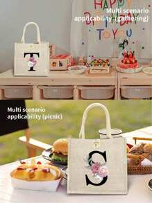 1pc Linen Floral & Letter Print Tote Bag, Minimalist Large Capacity Handbag, Portable Casual Storage Bag, Multifunctional Shopping Bag, Personalized Gift Bag, Suitable For Weddings, Birthdays, Beaches, Holidays, Perfect Gift For Girls, Teachers, Friends, Bridesmaids, Students, And Back-To-School, Also The Best Christmas Gift For Teachers