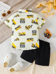 夏季卡通汽车印花短袖衬衫和百搭休闲短裤套装 - 黃色 - 查看 2