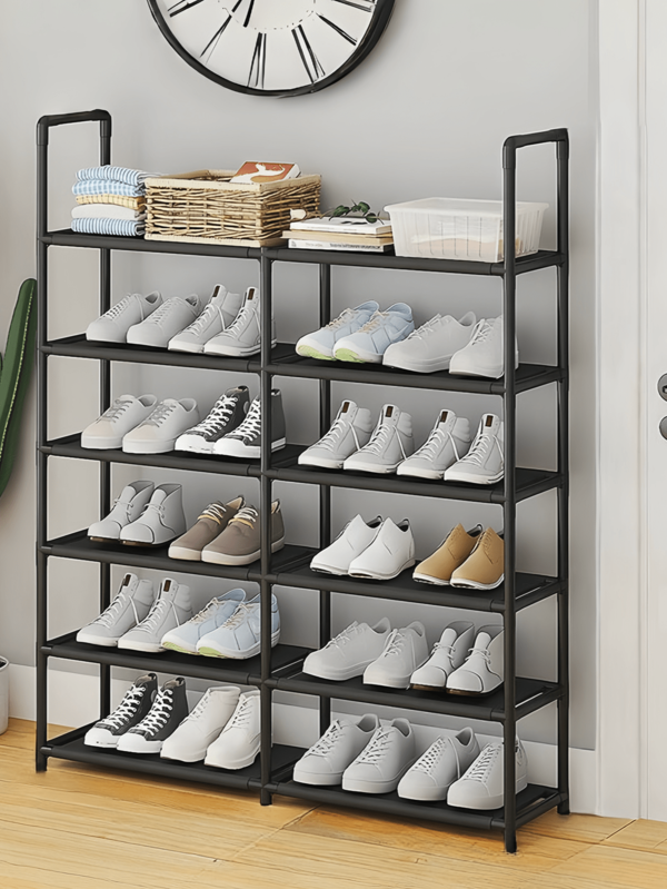 1pc Black Metal 2-Tier Shoe Rack, Approx 40 Inch Wide, Size & Area Divided For Adults & Kids, Simple Dust-Proof, Sturdy, Fashionable, Easy Assemble & Disassemble, Portable, Suitable For Living Room, Bedroom, Entryway, Office, Home Storage, Multi-Layer Storage, Holiday & Children Gift