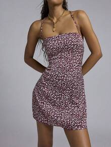 Red Ditsy Floral Backless Spaghetti Strap Short Dress For Beach Vacation - Burgundy - View 3
