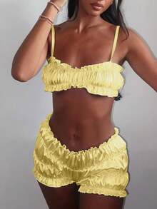 Women's Solid Color Ruffle Cropped Camisole Top With Shorts Set - Yellow - View 5