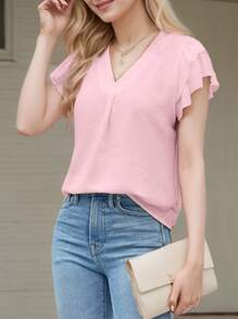 hoteel Women's V-Neck Pleated Ruffle Sleeve Casual Short Sleeve Shirt - Hồng - Xem 4