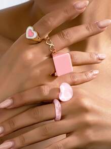 5 件彩色树脂心形戒指，女士时尚首饰套装，适合约会、母亲节、节日、海滩派对、礼物