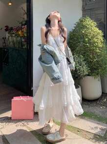 白色无袖 V 领蕾丝边蛋糕裙，女士海滩度假裙，夏季