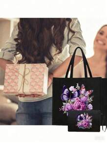 2 Pieces Pink Butterfly Print Tote Bag Set, Jute With Stylish Pattern, Including Handy Coin Purse, Perfect For Shopping, Travel & Beach Adventures,Multifunctional Women's Bag, Suitable For Daily, Travel, Shopping, Work, Gift Giving - Black - View 4